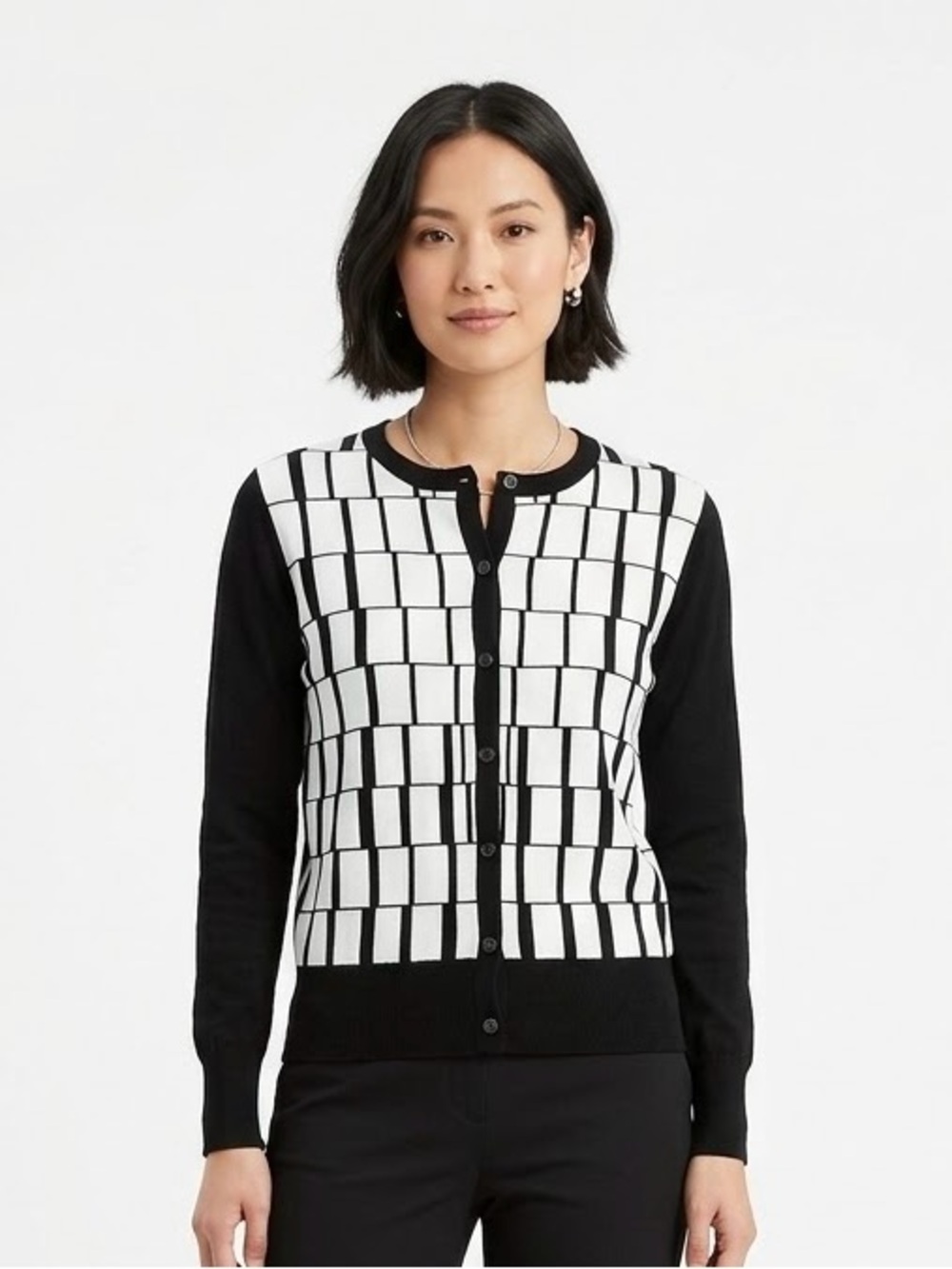 Black and White Grid Knit Cardigan Sweater
